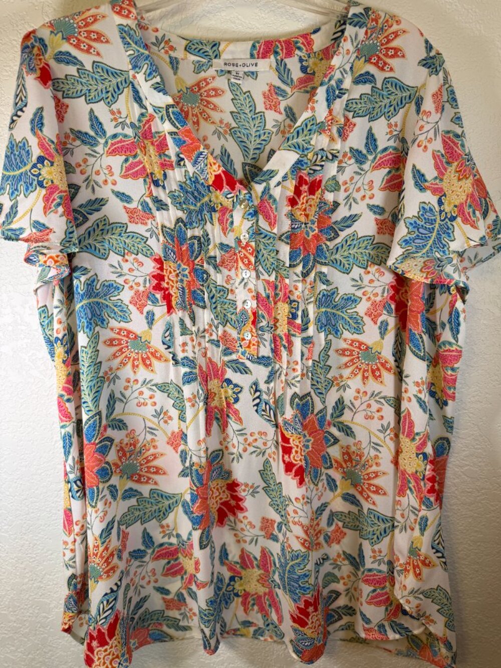 Rose + Olive Floral Print Split V-neck Flutter Sleeve Popover Top Womens Size 1X